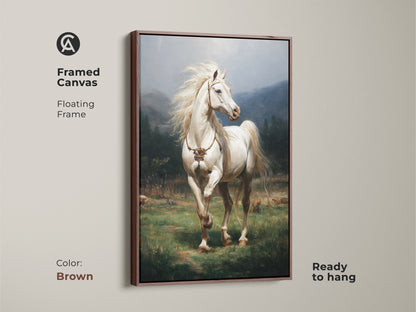 This framed canvas features a realistic white horse in a rustic green landscape. Ready to hang the brown floating frame enhances the artwork. It is a perfect equestrian wall decor for any home. This print captures the serene beauty of nature. It is an ideal gift for horse enthusiasts.