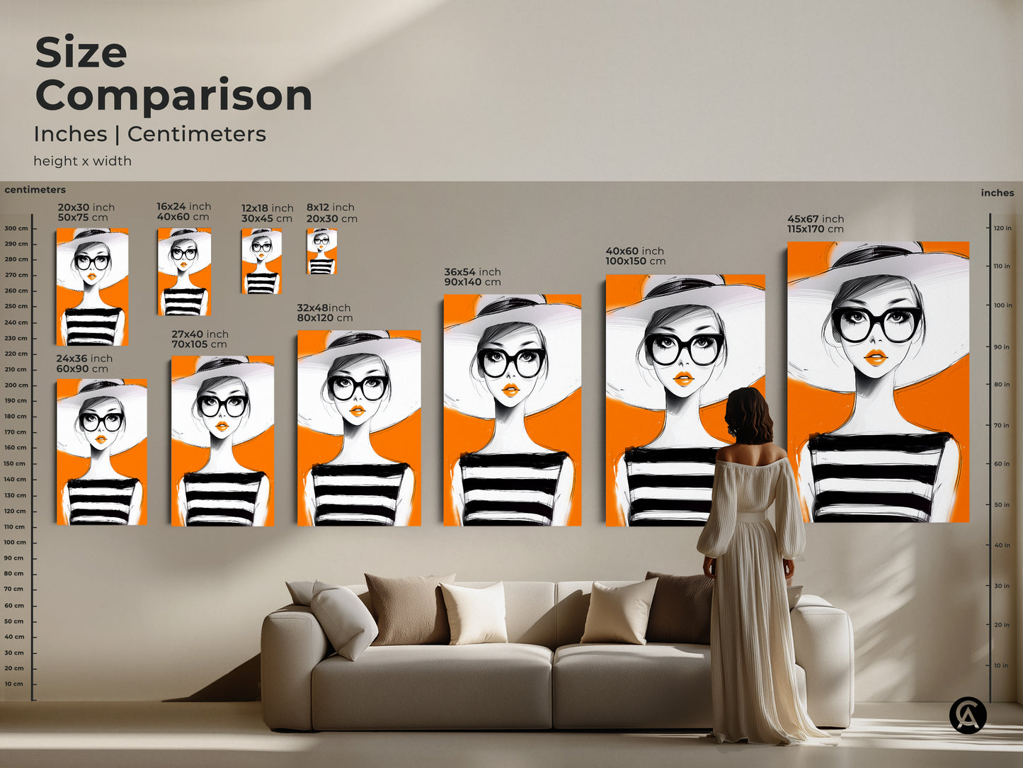 Size comparison of the pop art woman canvas print. See how different sizes fit above a sofa. Visualize the impact of this fashion portrait wall art. Transform your living room with this contemporary woman artwork. Choose the ideal size for your stylish home decor.