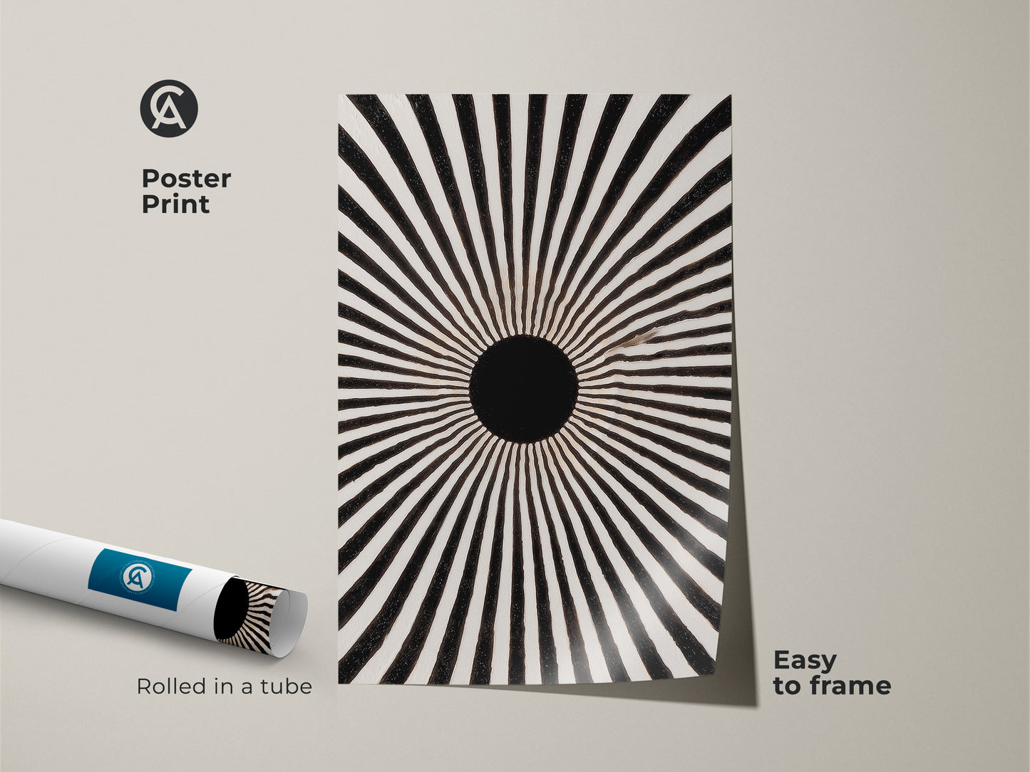This is a poster print featuring a geometric sunburst design. It is a rolled abstract artwork. This black and white minimalist decor is easy to frame. This sunburst motif canvas art print is a striking piece for any wall. Its graphic radial art makes it a perfect housewarming gift. It fits well with a Mid-Century Modern aesthetic.