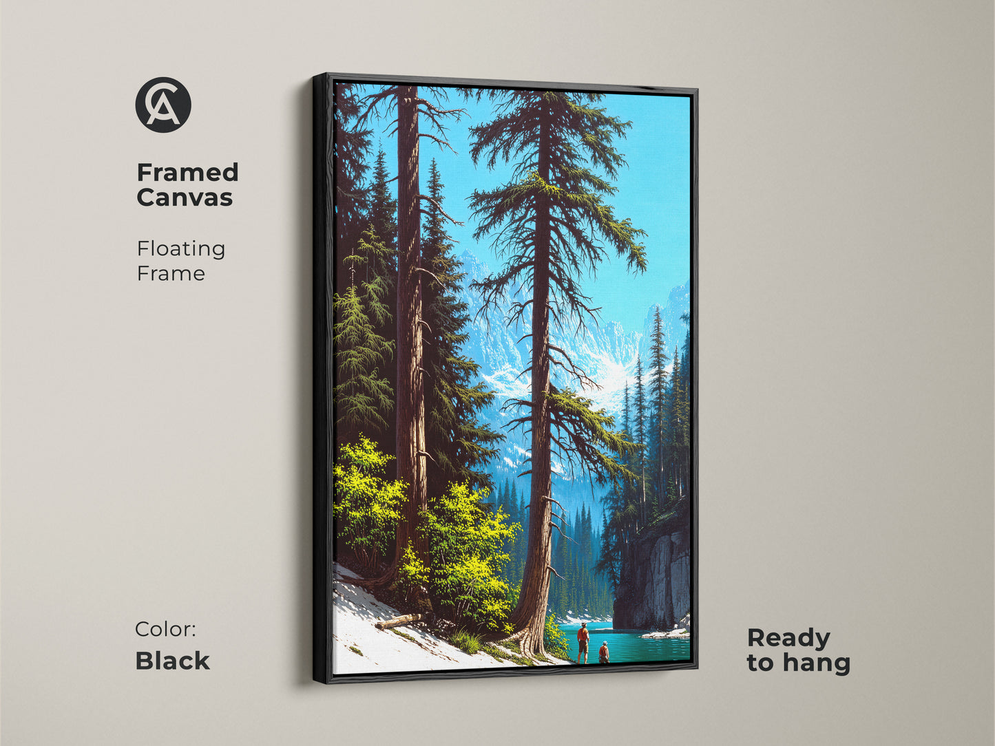 Framed mountain lake canvas artwork in a floating black frame. A pine forest lines the tranquil lake in this ready to hang piece. Perfect for a rustic bedroom or living room this sky blue and deep green nature art adds peace. An ideal housewarming gift for nature enthusiasts.