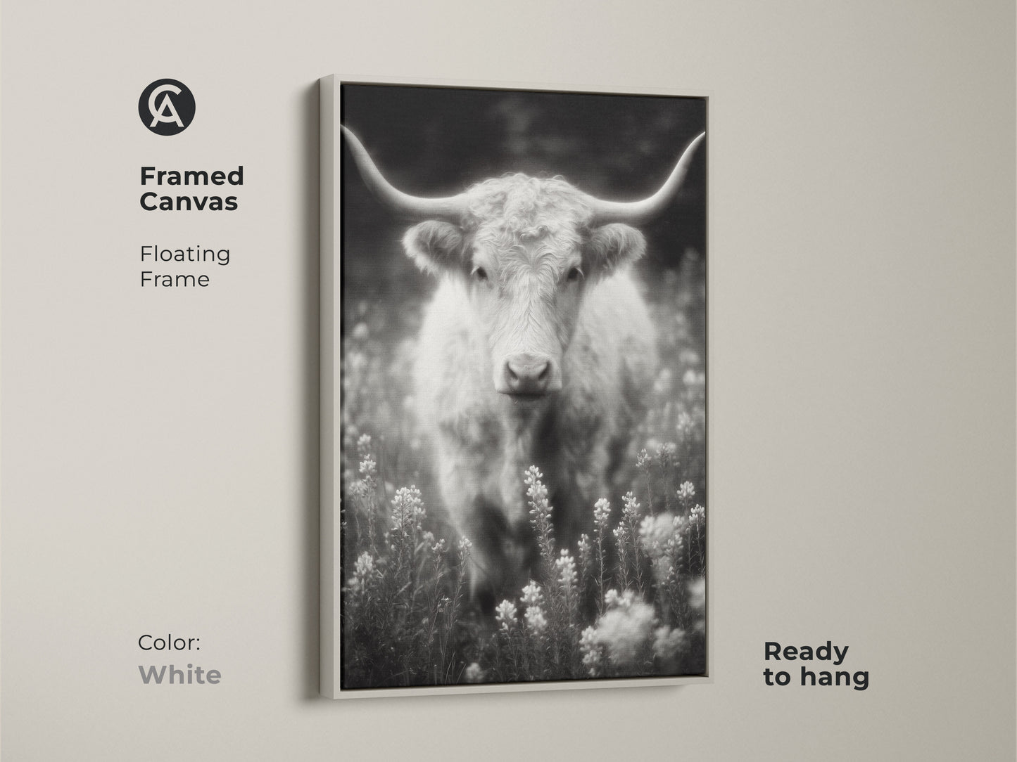 A white framed canvas print of a longhorn in a field. The black and white artwork is ready to hang. The floating frame offers a clean modern look. This fine art photograph is a versatile addition to your art collection.