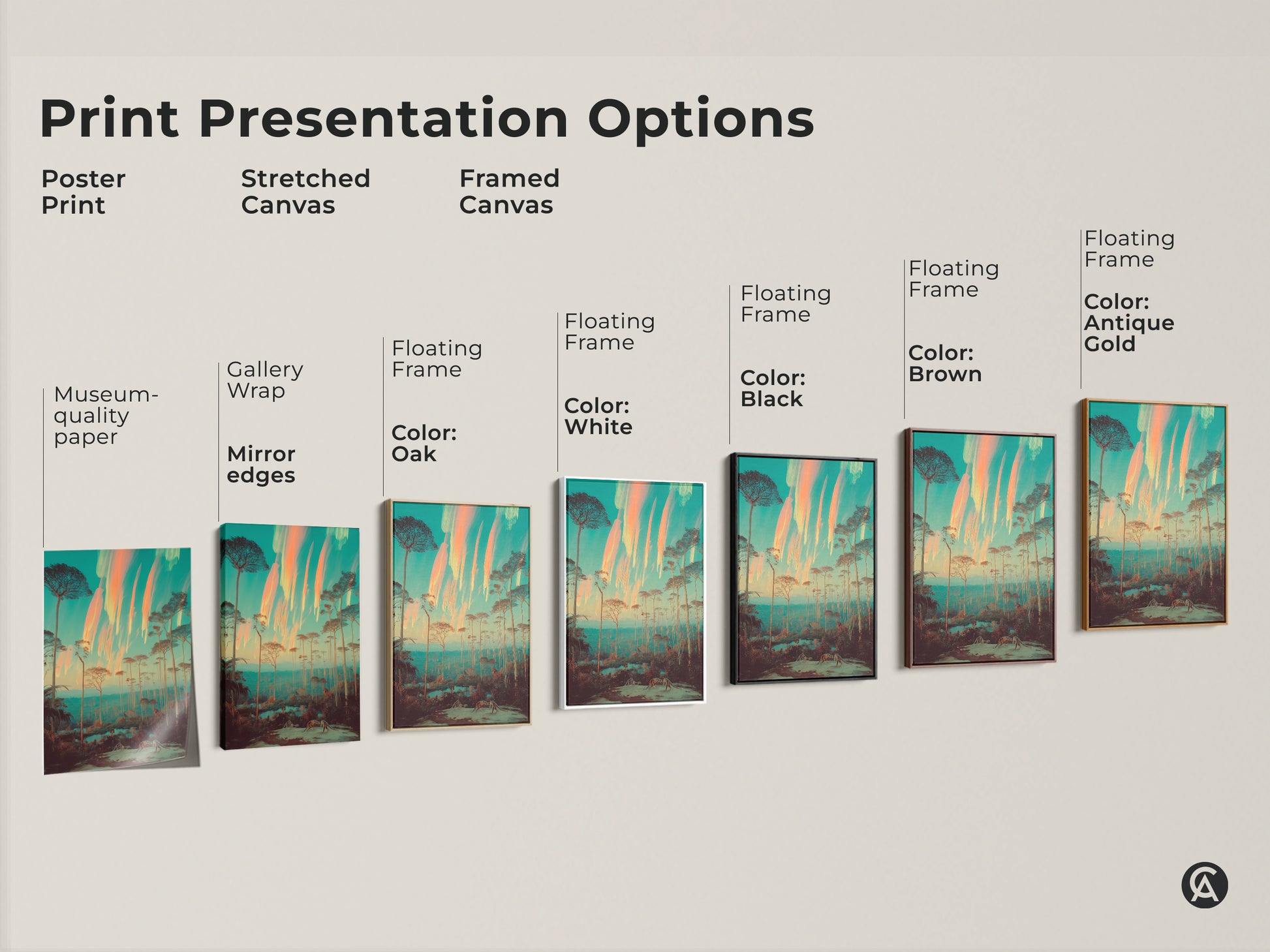 Explore print presentation options for this surreal forest art. Select from poster prints stretched canvas and framed canvas in colors like oak white black brown and antique gold. This dreamlike landscape is perfect for eclectic nature wall decor. It will bring the beauty of nature to any room.