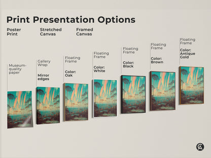 Explore print presentation options for this surreal forest art. Select from poster prints stretched canvas and framed canvas in colors like oak white black brown and antique gold. This dreamlike landscape is perfect for eclectic nature wall decor. It will bring the beauty of nature to any room.