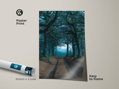 This poster print showcases a captivating tree tunnel landscape. Rolled in a tube this emerald forest wall art is easy to frame. It brings mystical nature art to your home a perfect eclectic wall decor addition.