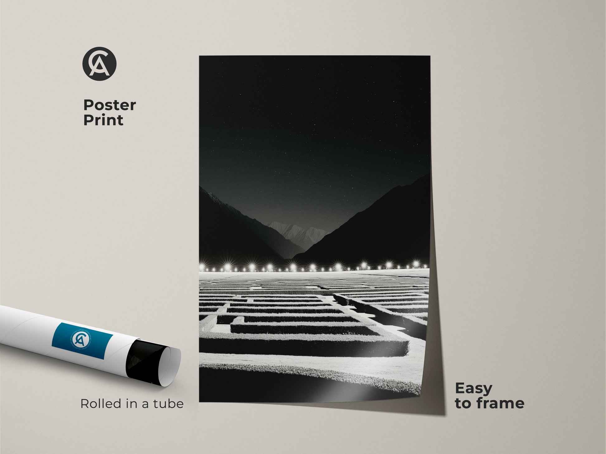 Rolled minimalist maze art poster print; easy to frame and display. The black and white night sky landscape art offers a contemplative piece. A perfect office strategy gift and wall decor option.
