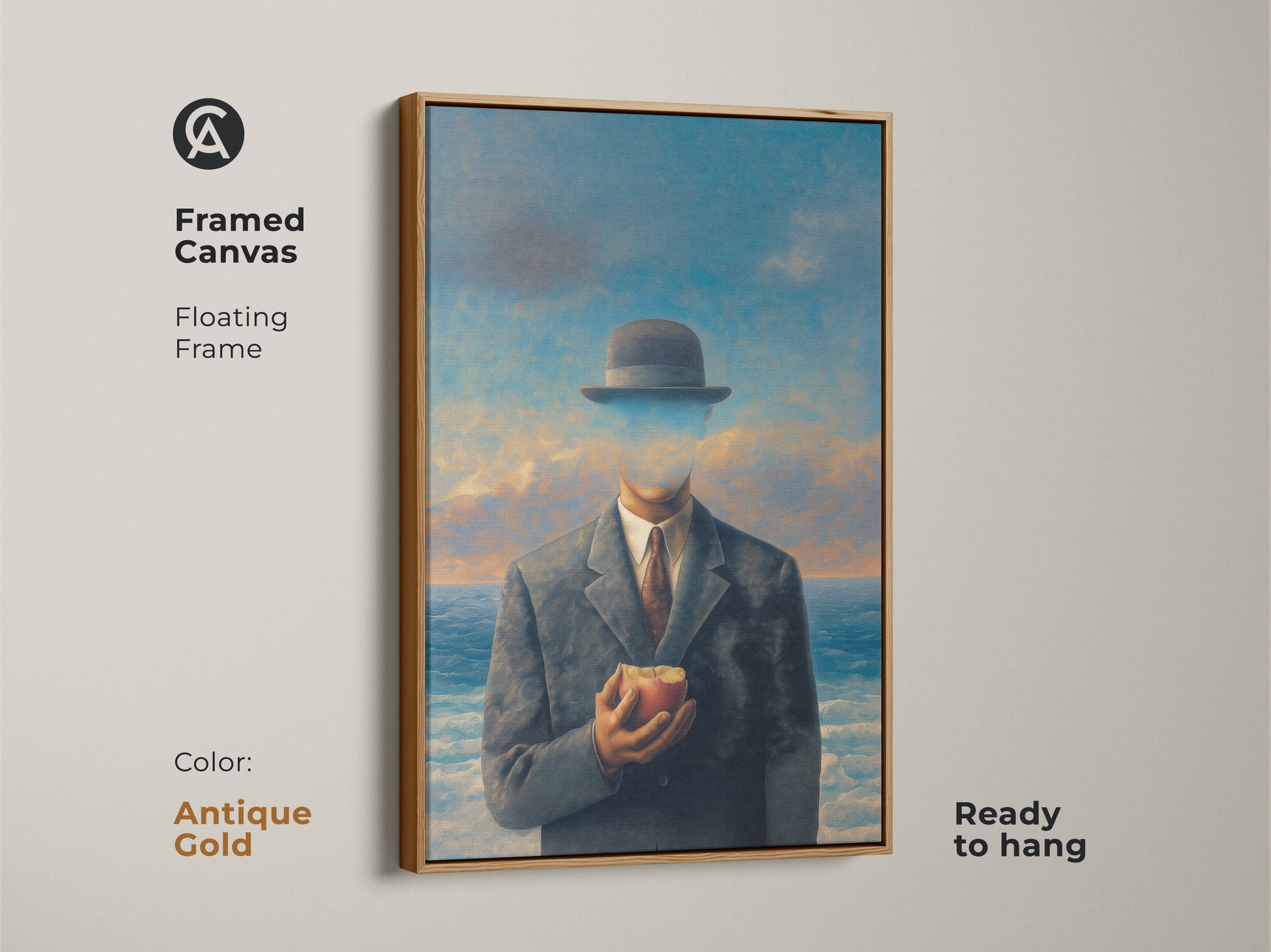 Framed canvas print of a surrealist man with apple art. The antique gold floating frame adds sophistication. Philosophical office wall decor art ready to hang. Conceptual figurative wall art featuring a man in suit bowler hat. Gift for thinkers philosophers.