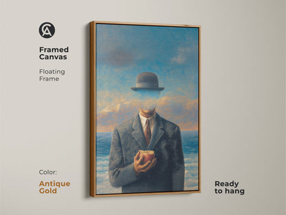 Framed canvas print of a surrealist man with apple art. The antique gold floating frame adds sophistication. Philosophical office wall decor art ready to hang. Conceptual figurative wall art featuring a man in suit bowler hat. Gift for thinkers philosophers.