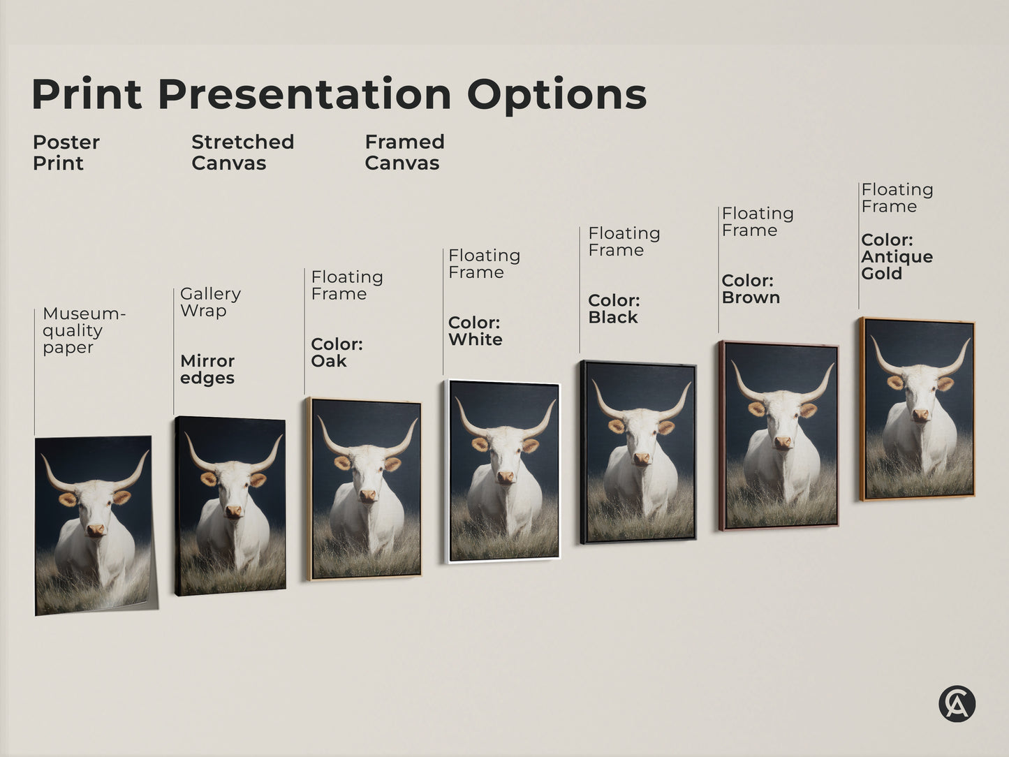 Print presentation options featuring white longhorn cow art. Choose from poster print stretched canvas and framed canvas. Options include gallery wrap floating frame and museum-quality paper. Find the perfect style for your farmhouse rustic wall art. Enhance your space with western animal canvas art.