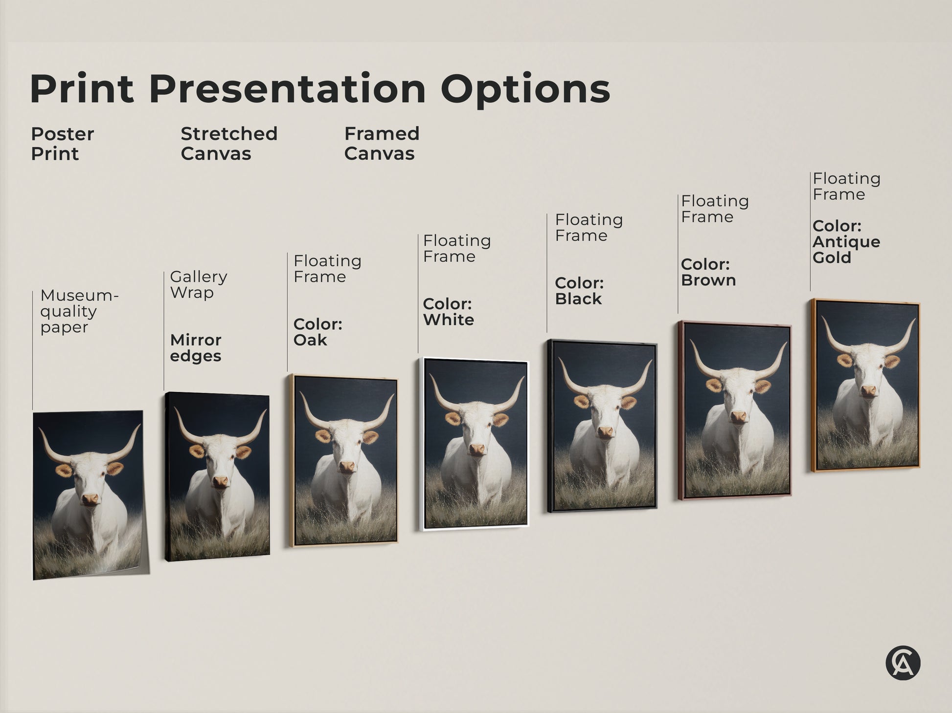 Print presentation options featuring white longhorn cow art. Choose from poster print stretched canvas and framed canvas. Options include gallery wrap floating frame and museum-quality paper. Find the perfect style for your farmhouse rustic wall art. Enhance your space with western animal canvas art.