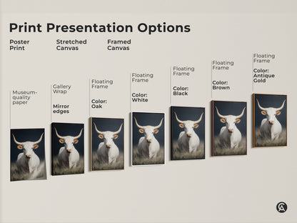 Print presentation options featuring white longhorn cow art. Choose from poster print stretched canvas and framed canvas. Options include gallery wrap floating frame and museum-quality paper. Find the perfect style for your farmhouse rustic wall art. Enhance your space with western animal canvas art.