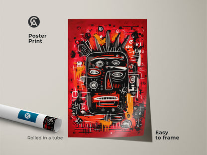 Eye catching poster print featuring a unique black face graphic on a red canvas. The artwork is easy to frame and arrives rolled in a tube. This vibrant piece is perfect for adding a touch of modern artistic flair to your home or office decor.