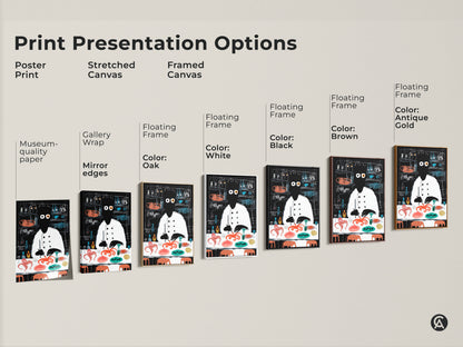 Explore print presentation options including poster prints stretched canvas and framed canvas. Each option showcases the abstract chef with octopus artwork. Select the perfect museum-quality paper gallery wrap or floating frame to enhance your space. Add a unique touch to any kitchen or dining room.