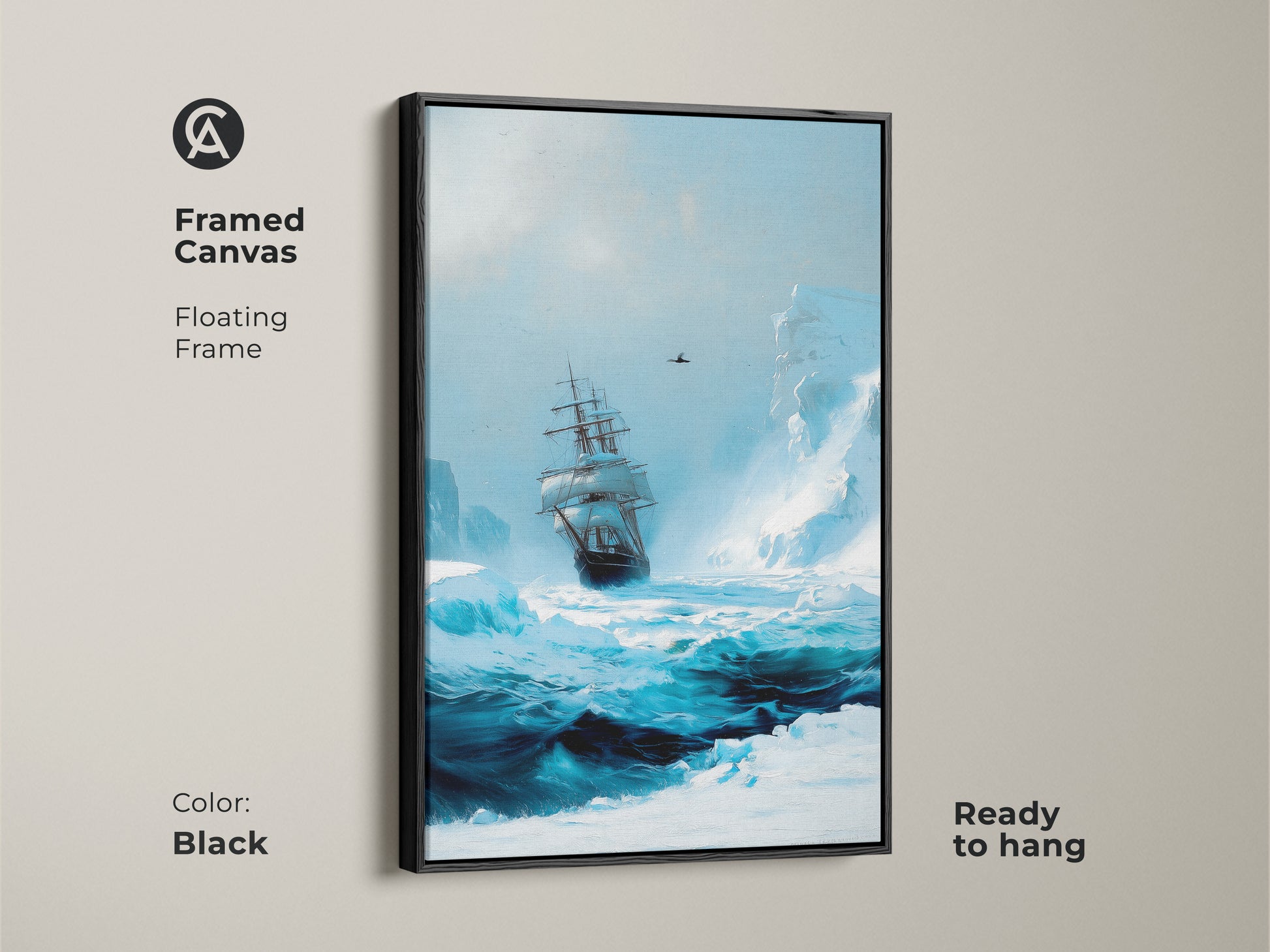 Framed canvas displays arctic tall ship artwork with a black floating frame. This nautical home decor is ready to hang. The ocean blue seascape adds maritime adventure.
