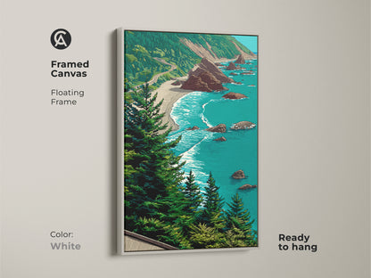 Framed canvas art of a coastal landscape showcasing an ocean beach and rocky shoreline. White floating frame highlights the teal blue green nature decor. Ready to hang this artwork is perfect for coastal home decor. The scenic ocean view canvas adds a touch of seaside beauty to any room. An ideal housewarming present for beach lovers.