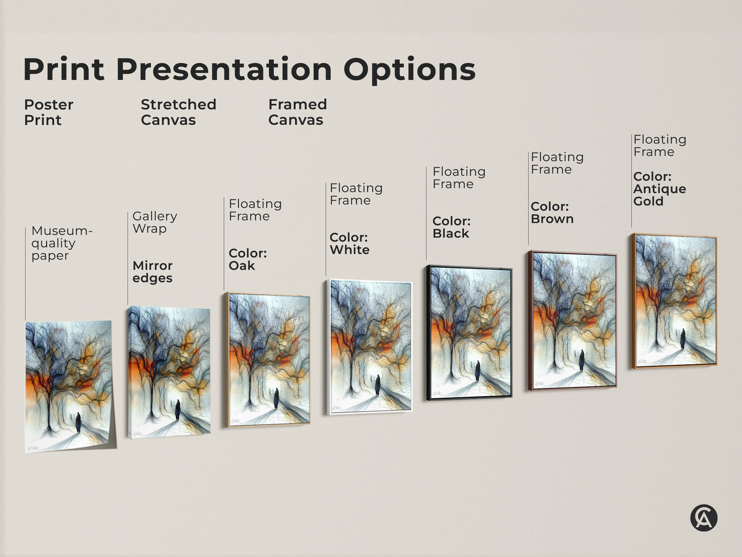 Various print options for expressive tree landscape art. Choose from poster prints to stretched or framed canvases. Find abstract figurative artwork in an orange and blue eclectic style.