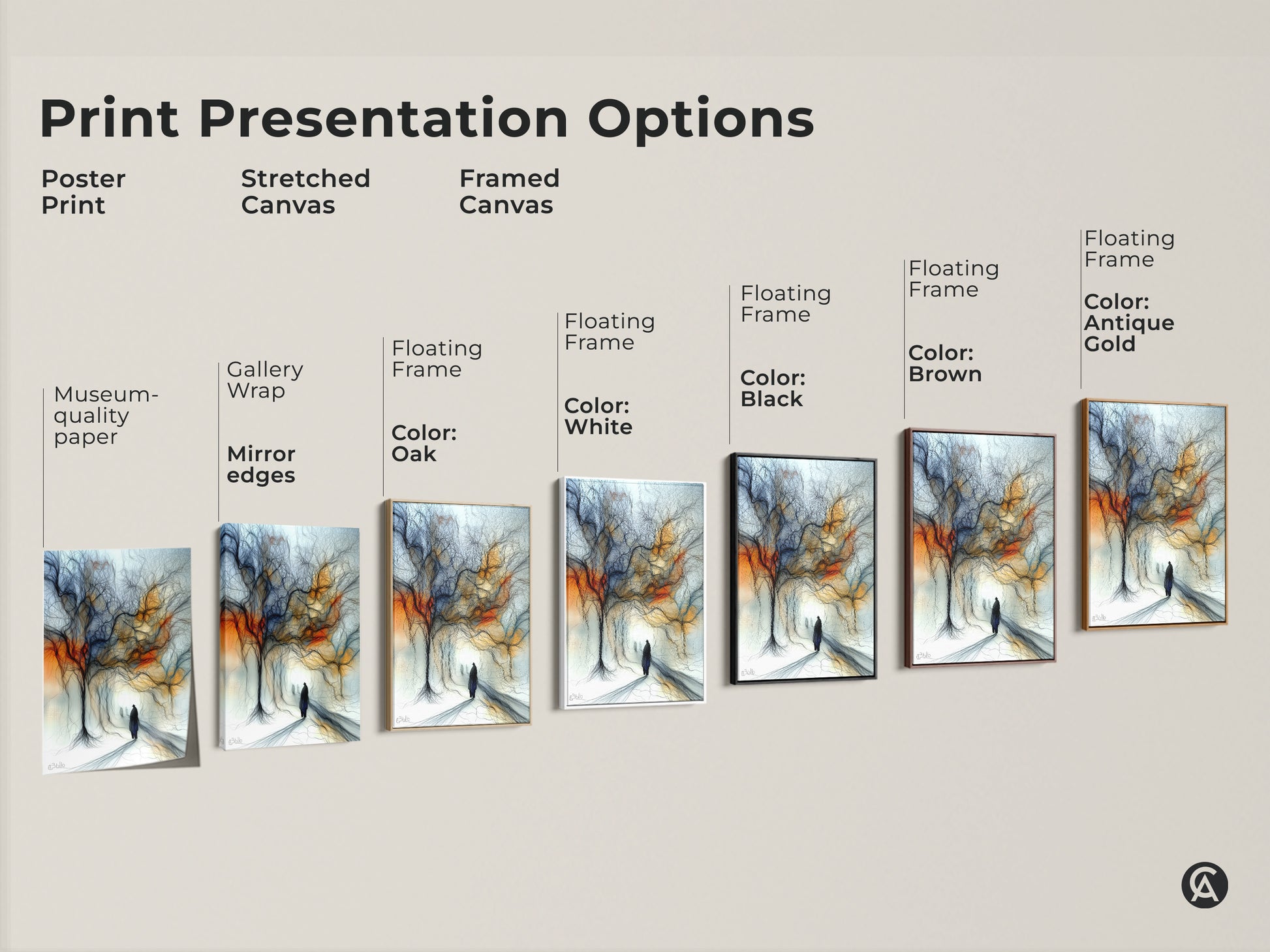 Various print options for expressive tree landscape art. Choose from poster prints to stretched or framed canvases. Find abstract figurative artwork in an orange and blue eclectic style.