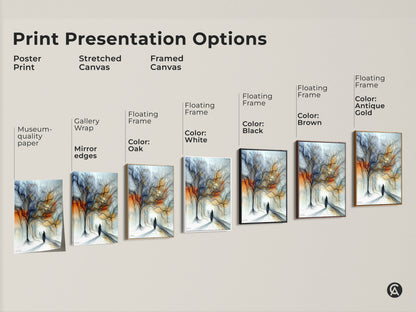 Various print options for expressive tree landscape art. Choose from poster prints to stretched or framed canvases. Find abstract figurative artwork in an orange and blue eclectic style.