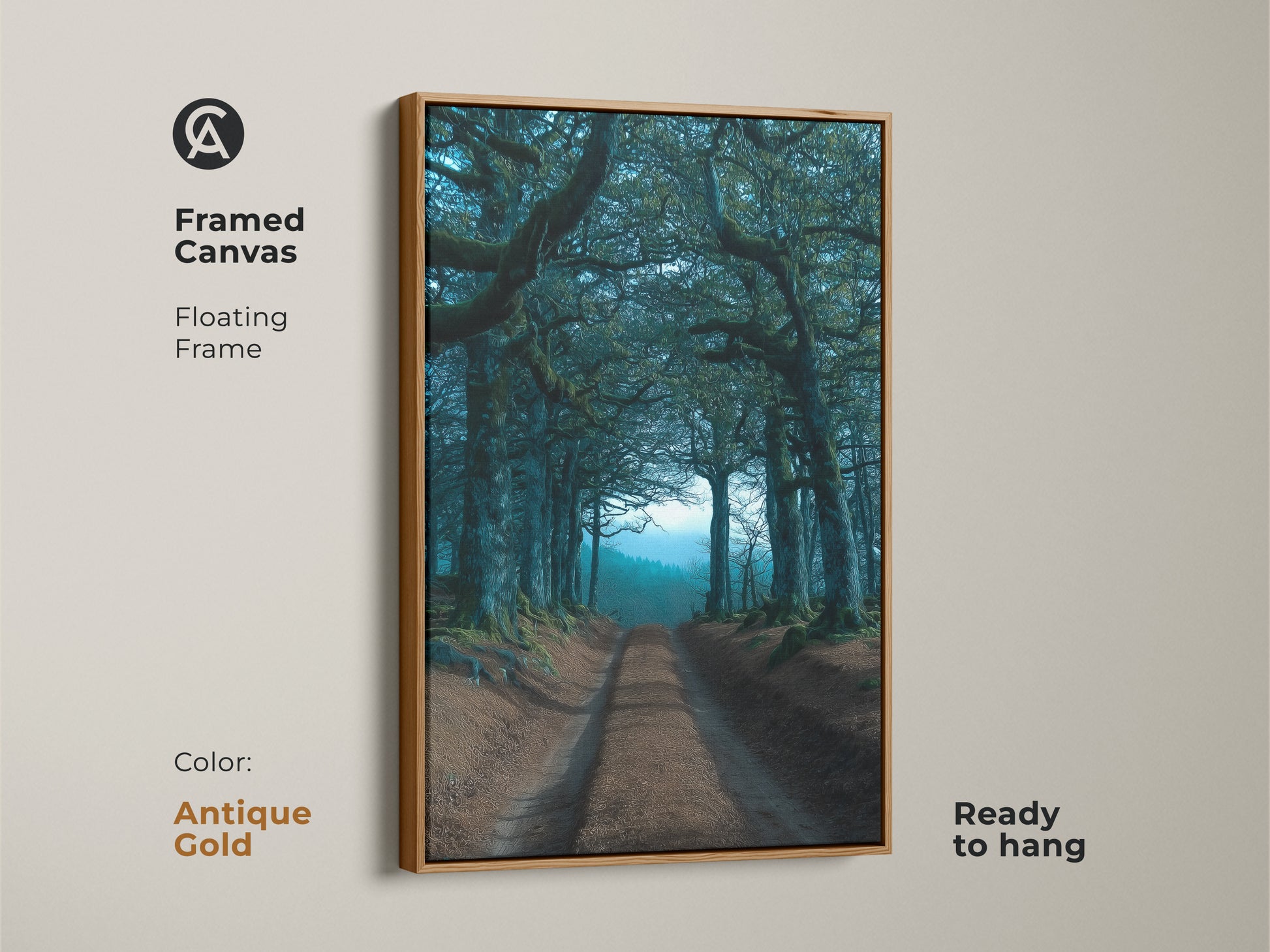 A framed canvas with a floating frame features an emerald forest wall art piece. This dark academia landscape artwork is ready to hang. The antique gold frame adds elegance to this nature inspired wall art.
