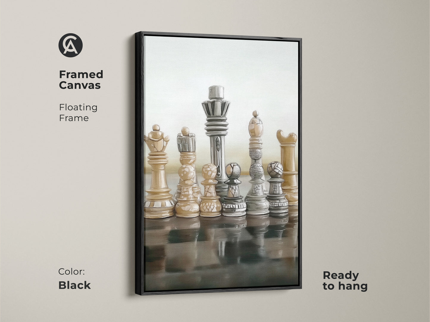Elevate your decor with framed canvas abstract chess art in a floating black frame ready to hang. The realistic King and Queen figures bring strategy to any space. This beige brown gray piece is ideal as modern office artwork. A perfect gift for chess players enhancing intellectual interiors.