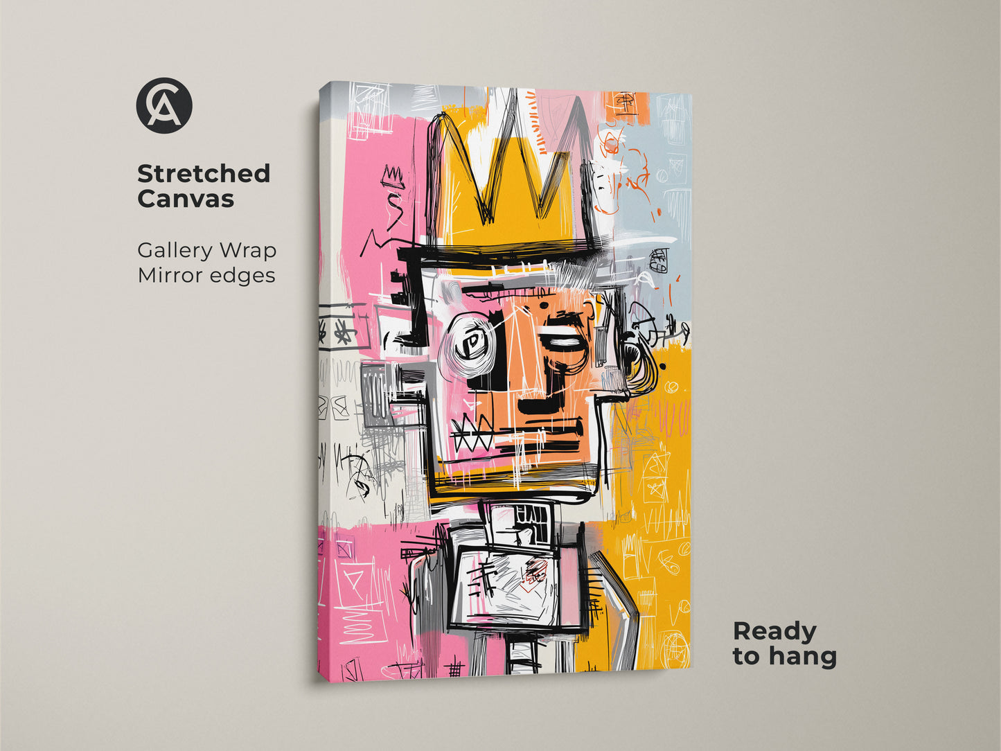Stretched Canvas of Graffiti-Style King Artwork. This gallery-wrapped canvas showcases a striking figure with a crown. The mirror edges enhance the art's depth. Ready to hang this artwork adds a contemporary flair to your home or office. Buy now for a touch of urban sophistication.