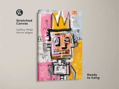 Stretched Canvas of Graffiti-Style King Artwork. This gallery-wrapped canvas showcases a striking figure with a crown. The mirror edges enhance the art's depth. Ready to hang this artwork adds a contemporary flair to your home or office. Buy now for a touch of urban sophistication.
