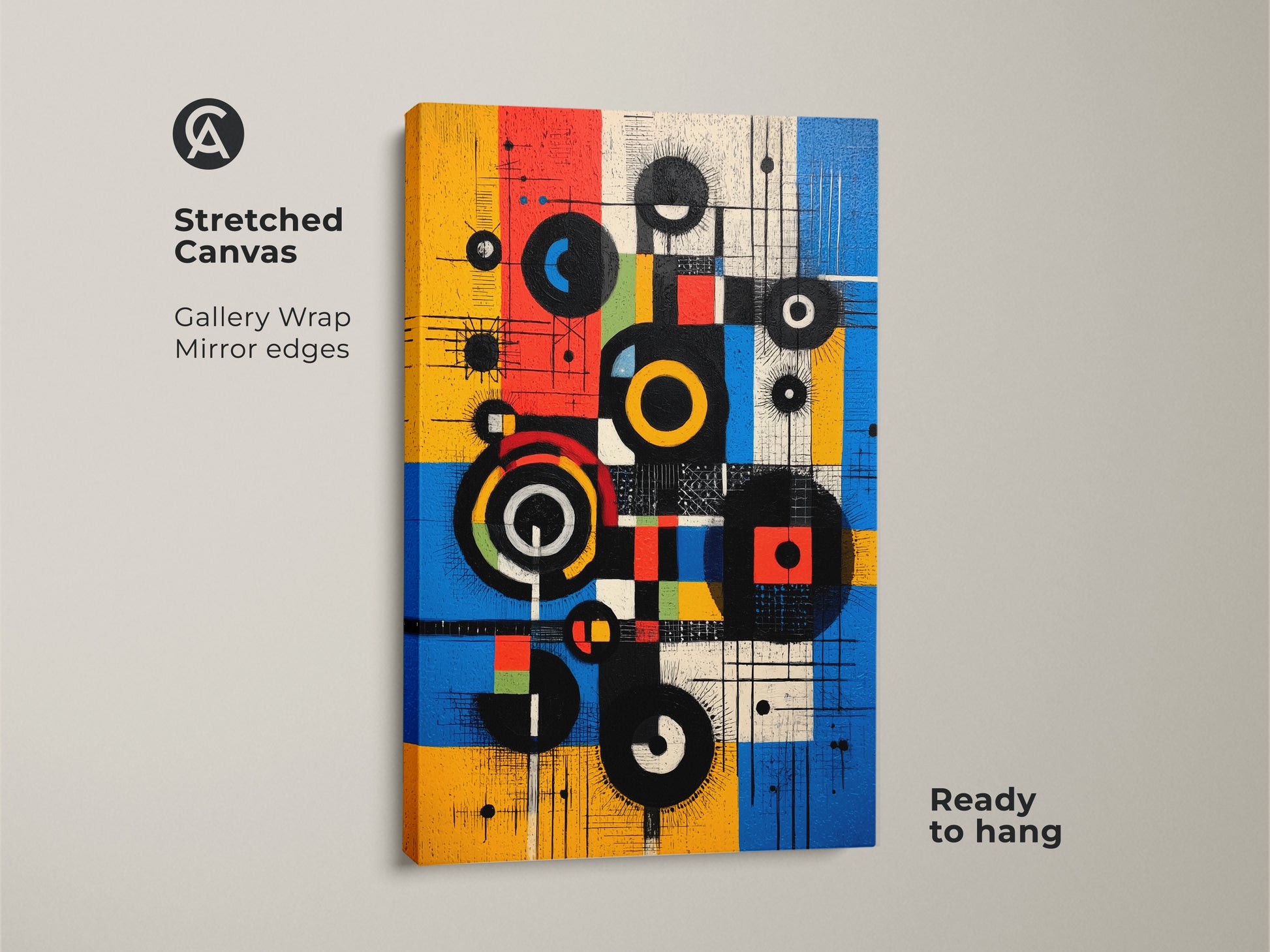 Stretched canvas showcasing Mid-Century Modern abstract artwork. The geometric design includes circles and squares in yellow blue and red colors. This gallery-wrapped canvas print with mirrored edges is ready to hang adding a contemporary touch.
