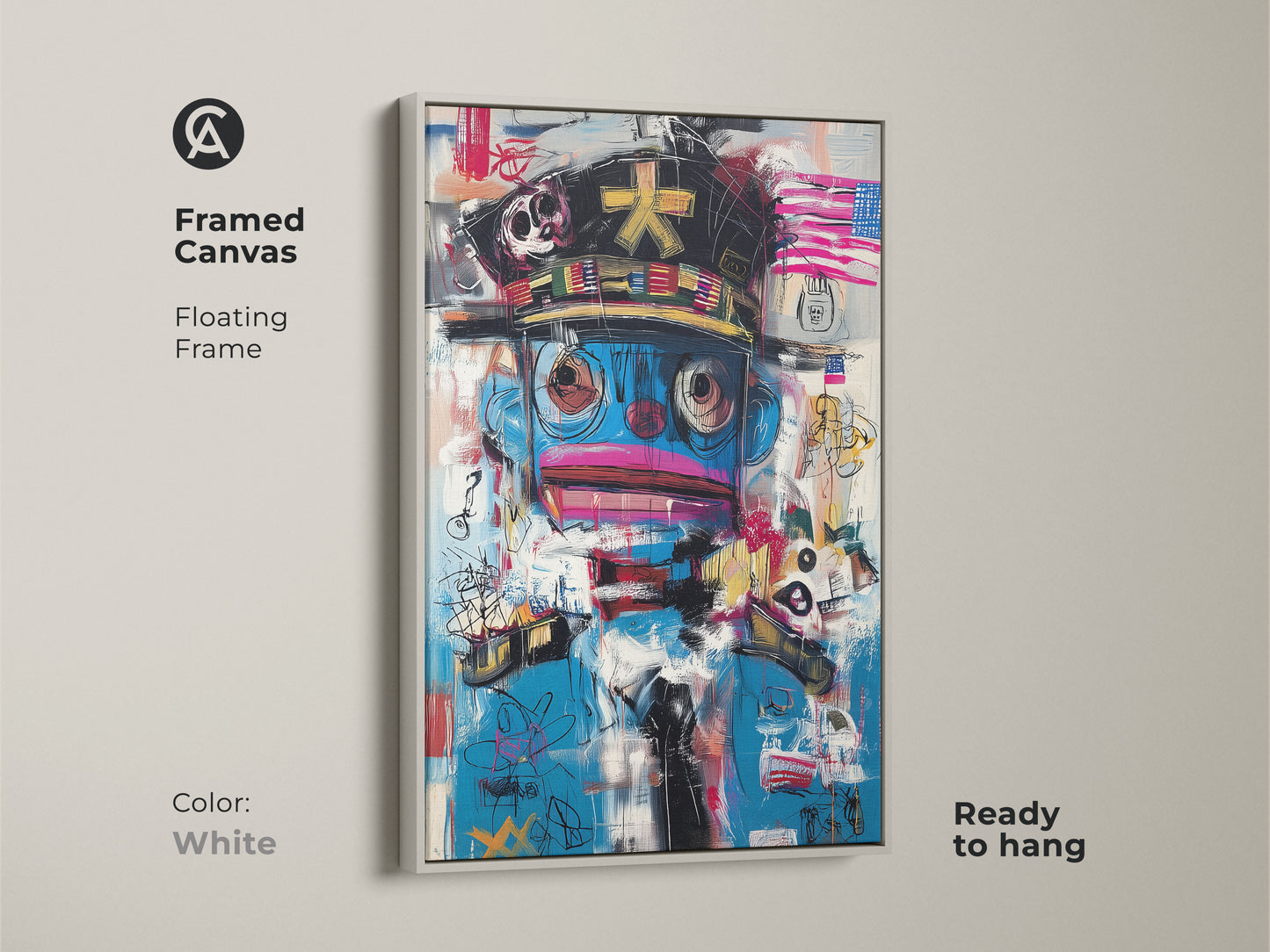 Framed canvas showcasing graffiti style character art. Showcasing a floating frame this abstract pop culture piece in white adds a modern touch. Ready to hang this eclectic artwork enhances any space. Its blue and red abstract artwork is a must-have statement piece.