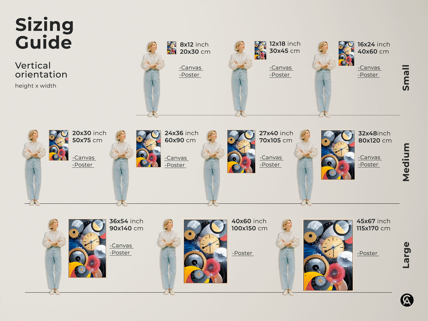 Sizing guide showcasing the abstract mechanical artwork in various vertical sizes. The canvas and poster options range from small to large. Find the perfect size for your home or office wall.