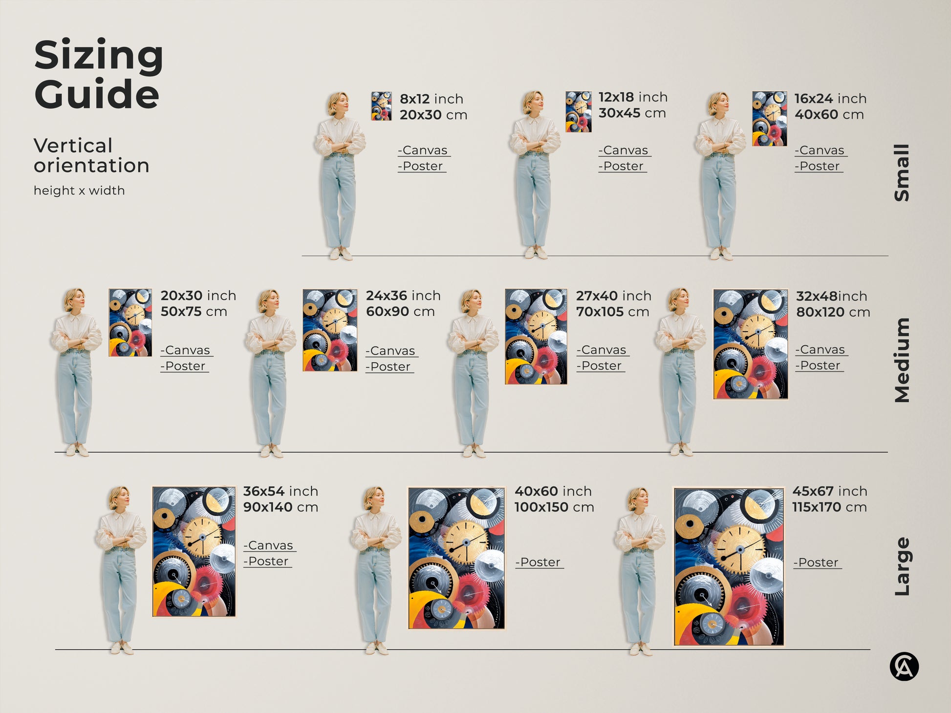 Sizing guide showcasing the abstract mechanical artwork in various vertical sizes. The canvas and poster options range from small to large. Find the perfect size for your home or office wall.