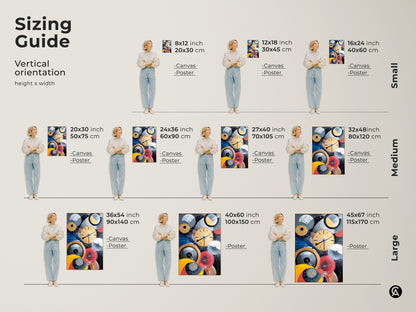 Sizing guide showcasing the abstract mechanical artwork in various vertical sizes. The canvas and poster options range from small to large. Find the perfect size for your home or office wall.