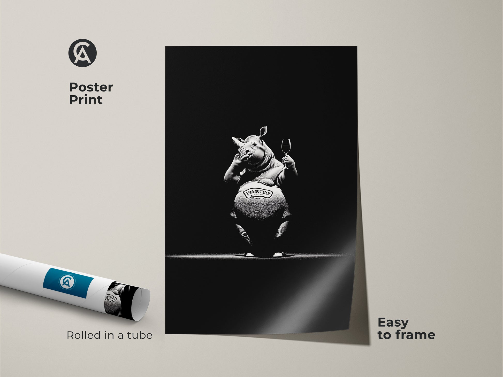 Poster print of a quirky rhino artwork rolled in a tube. Easy to frame monochrome bar decor. This black and white fine art print is a funny animal poster and a unique living room art. Ideal gift for wine lovers or an animal theme wall decor. This eclectic animal illustration enhances any home bar accent art.