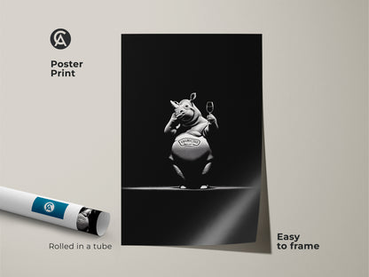 Poster print of a quirky rhino artwork rolled in a tube. Easy to frame monochrome bar decor. This black and white fine art print is a funny animal poster and a unique living room art. Ideal gift for wine lovers or an animal theme wall decor. This eclectic animal illustration enhances any home bar accent art.