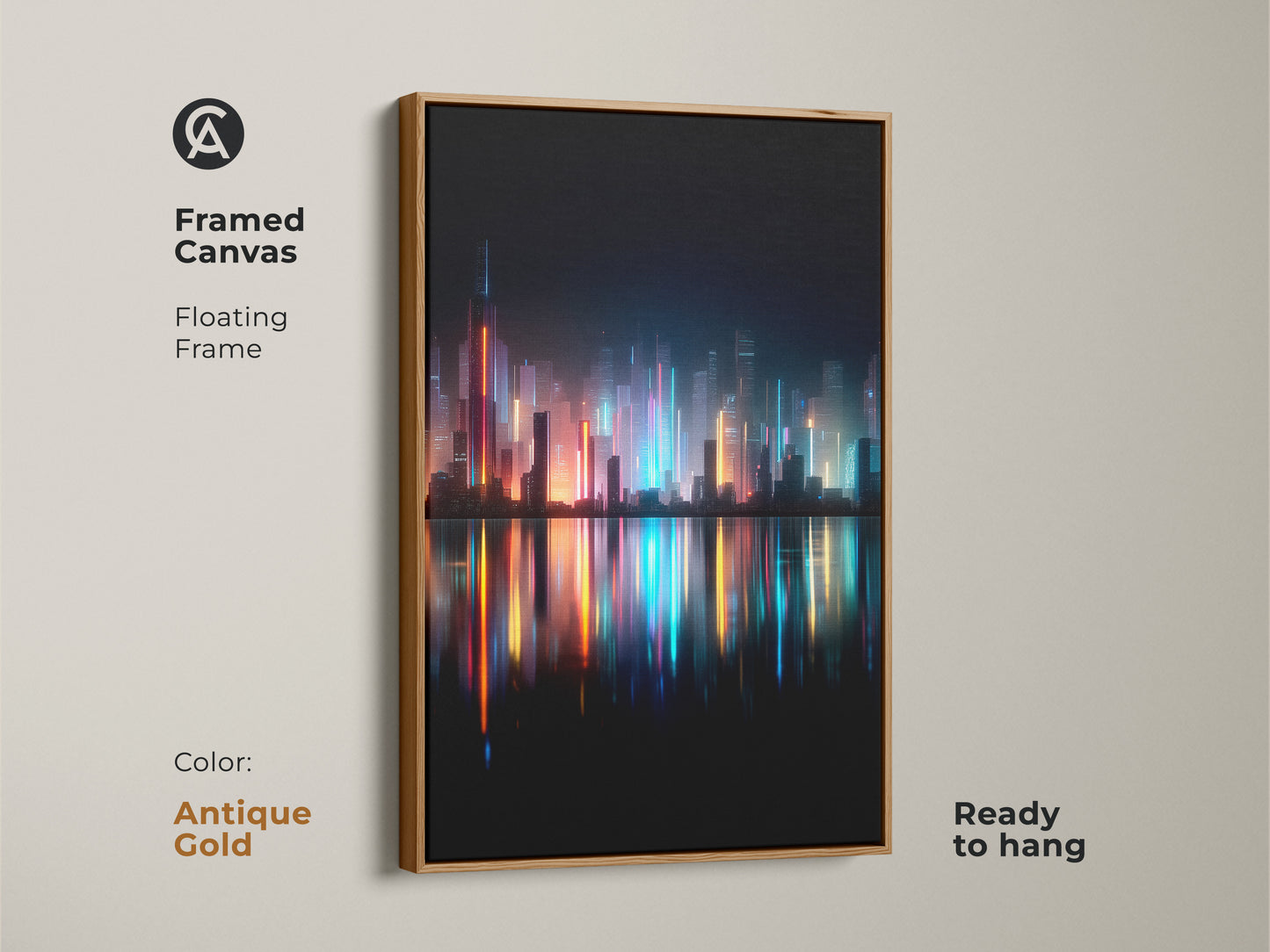 Framed canvas print displays a night cityscape. The floating frame is antique gold. This artwork is ready to hang. The colorful city lights create a dazzling reflection.