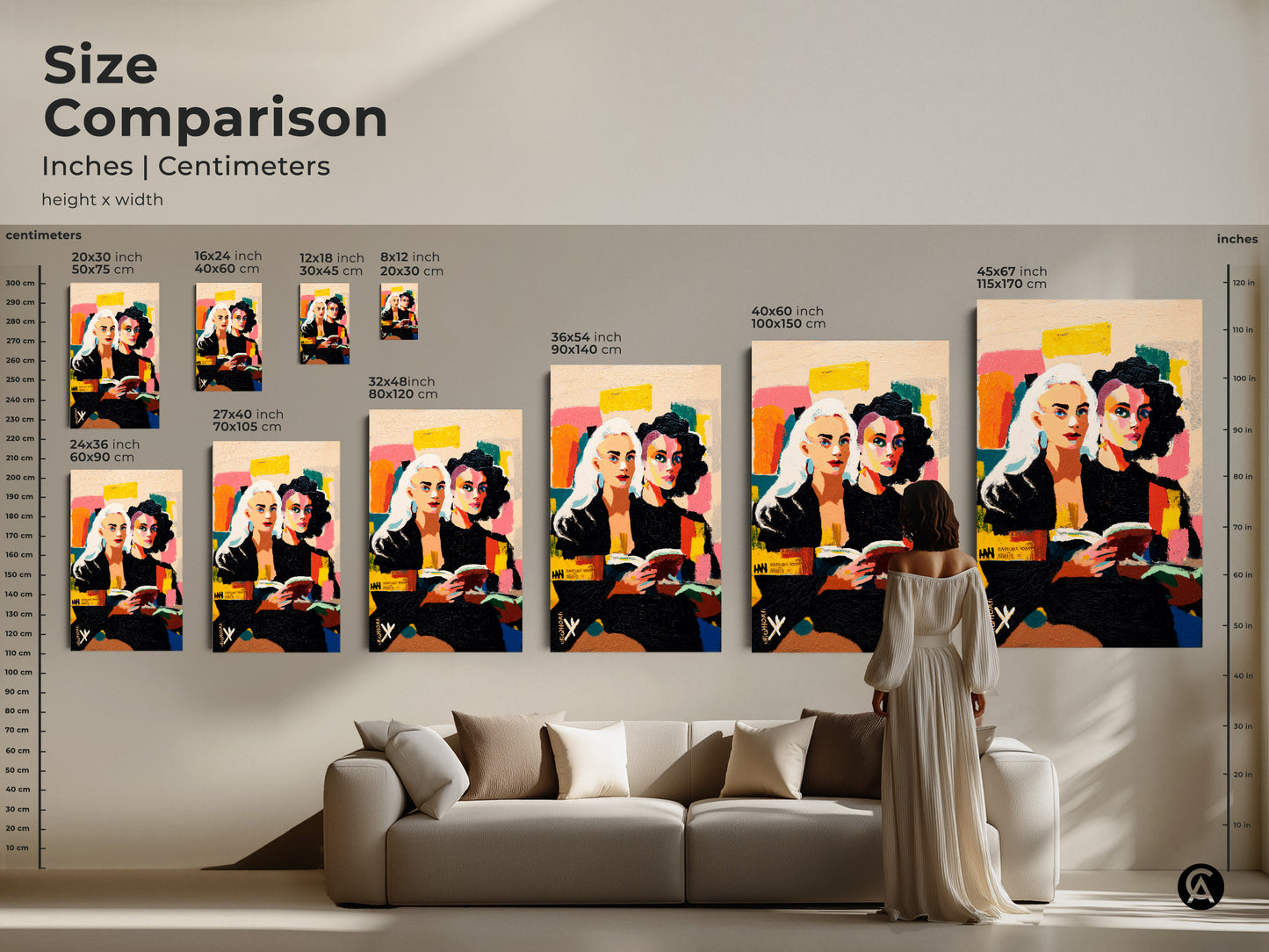 Size comparison of abstract portrait art featuring two women reading. Available in inches and centimeters. Canvas art ranges from 8x12 inches to 45x67 inches. This contemporary canvas art adds an eclectic touch. Bold vibrant colors make this artwork a unique home accent.