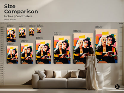 Size comparison of abstract portrait art featuring two women reading. Available in inches and centimeters. Canvas art ranges from 8x12 inches to 45x67 inches. This contemporary canvas art adds an eclectic touch. Bold vibrant colors make this artwork a unique home accent.