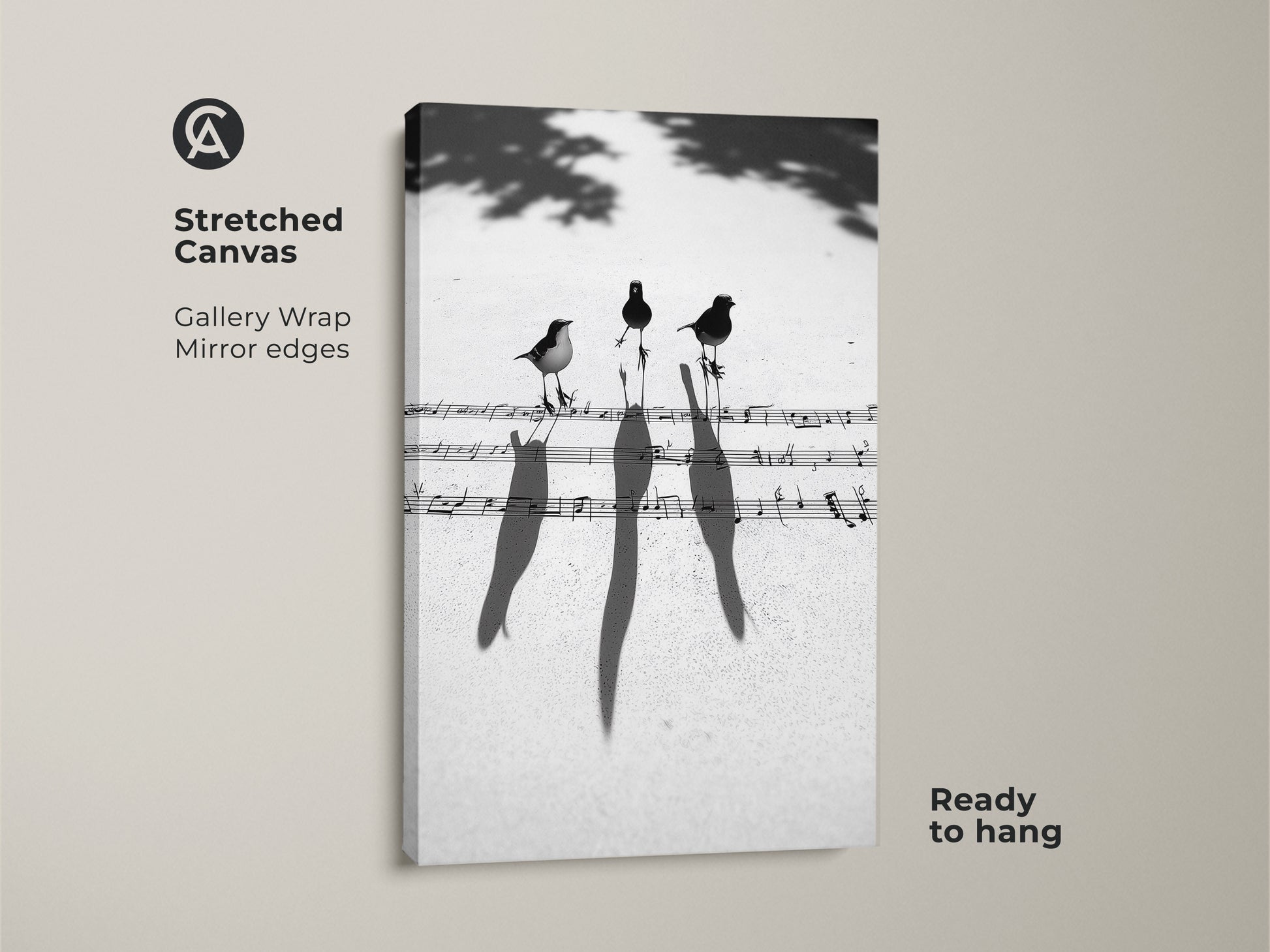 Stretched canvas of minimalist black and white birds on music notes. Gallery wrap with mirror edges adds depth. Ready to hang in a home office or living space.