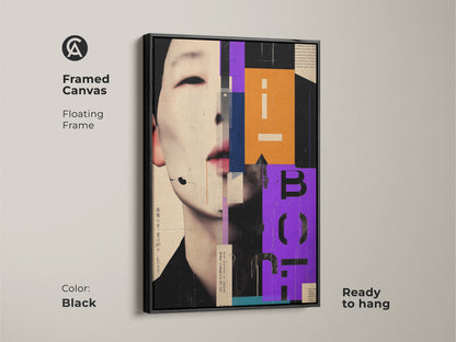 Framed canvas of a beige abstract art print. This contemporary portrait showcases geometric orange and purple wall art. The modern office decor canvas comes in a black floating frame. Add designer wall art to your space. Perfect for art collectors and modern homes.