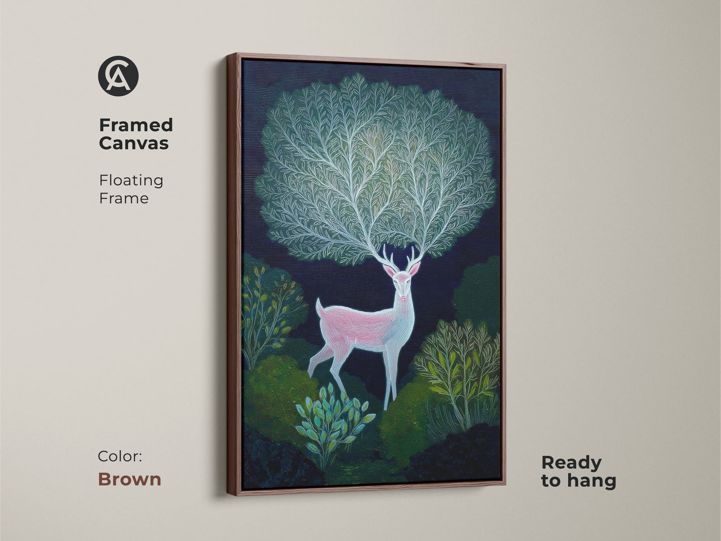 Framed canvas with a floating frame in brown. Displaying indigo botanical art featuring a pink deer in a lush forest. This artwork brings a touch of mythical wonder to any space. Ready to hang for easy installation.
