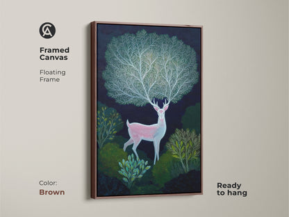 Framed canvas with a floating frame in brown. Displaying indigo botanical art featuring a pink deer in a lush forest. This artwork brings a touch of mythical wonder to any space. Ready to hang for easy installation.