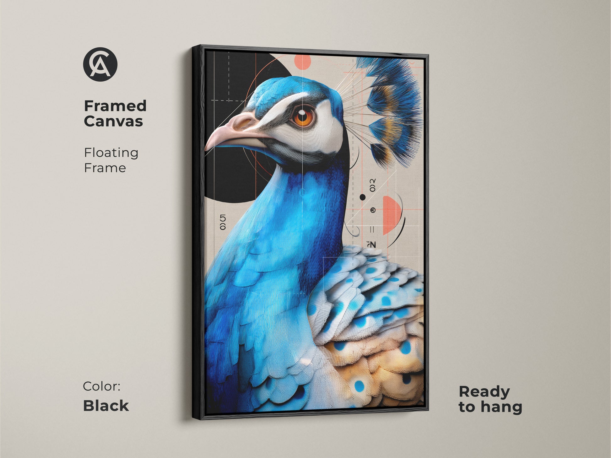 Framed Canvas Print: Blue teal peacock artwork with a black floating frame. This modern geometric bird art will elevate your space. It is a contemporary animal art piece. Ready to hang.