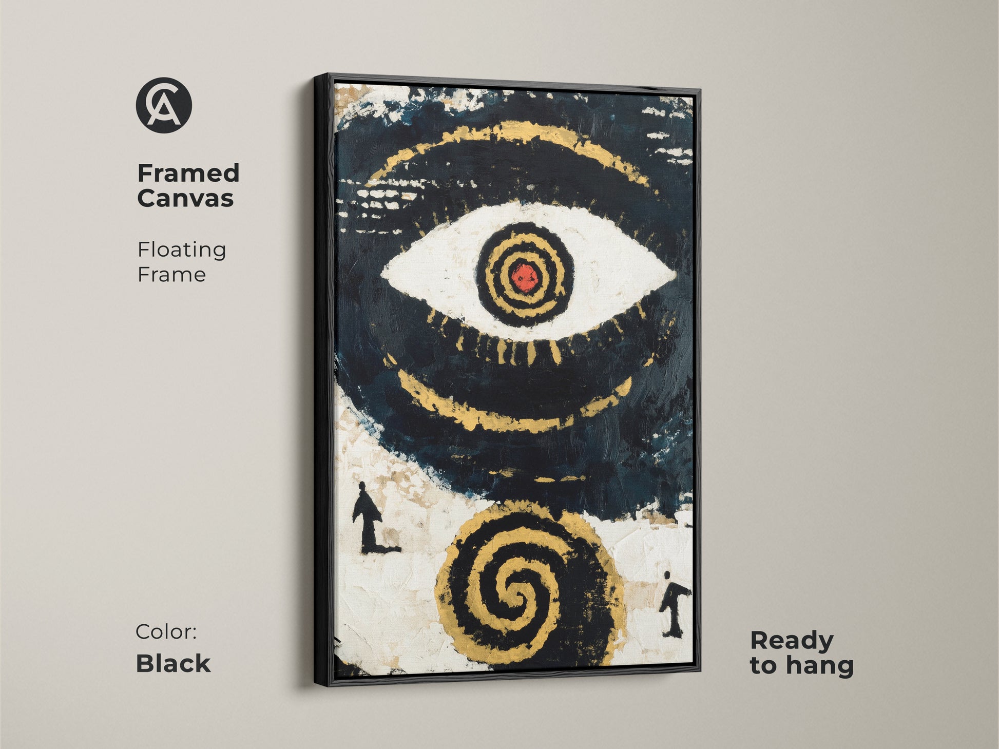 Framed Canvas with Floating Black Frame showcasing Abstract Eye Wall Art. It adds spiritual symbolism to eclectic home decor. This unique artwork in navy black and gold is ready to hang. The print brings modern mysticism to your walls.