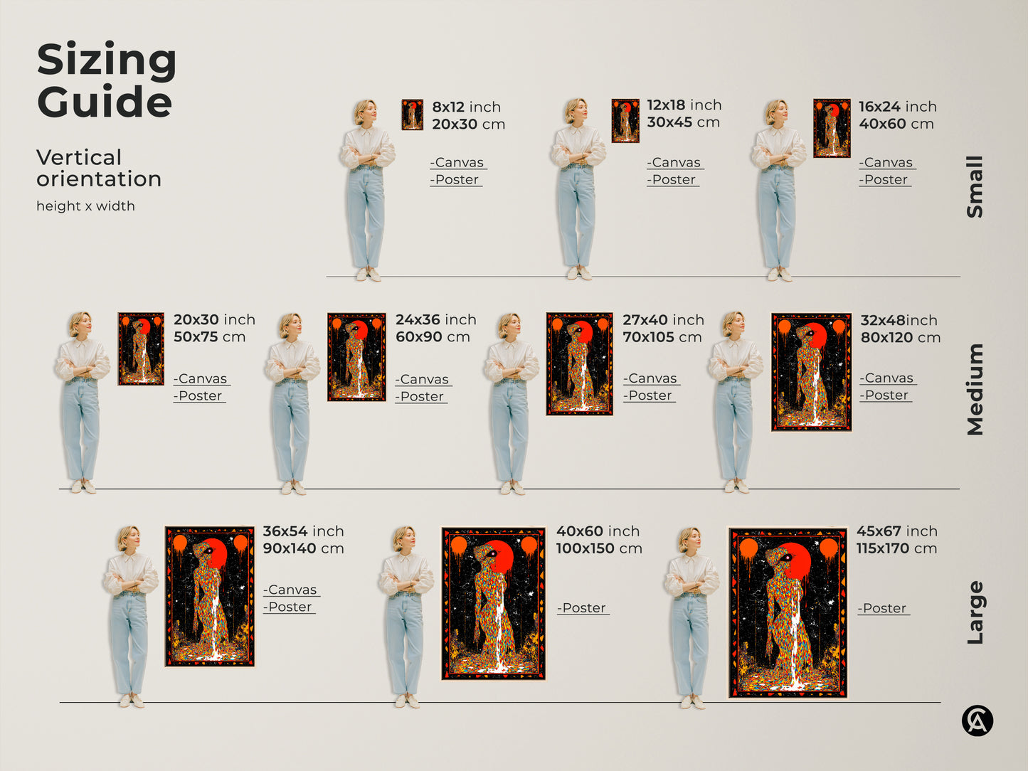 Sizing guide for vertical psychedelic figure art prints. Ranging from small to large find the perfect fit. The multi colored canvas art with black accents is a statement. This surreal drip effect wall art adds a unique touch. Transform your space with eclectic home decor art today. Modern surrealism prints now.
