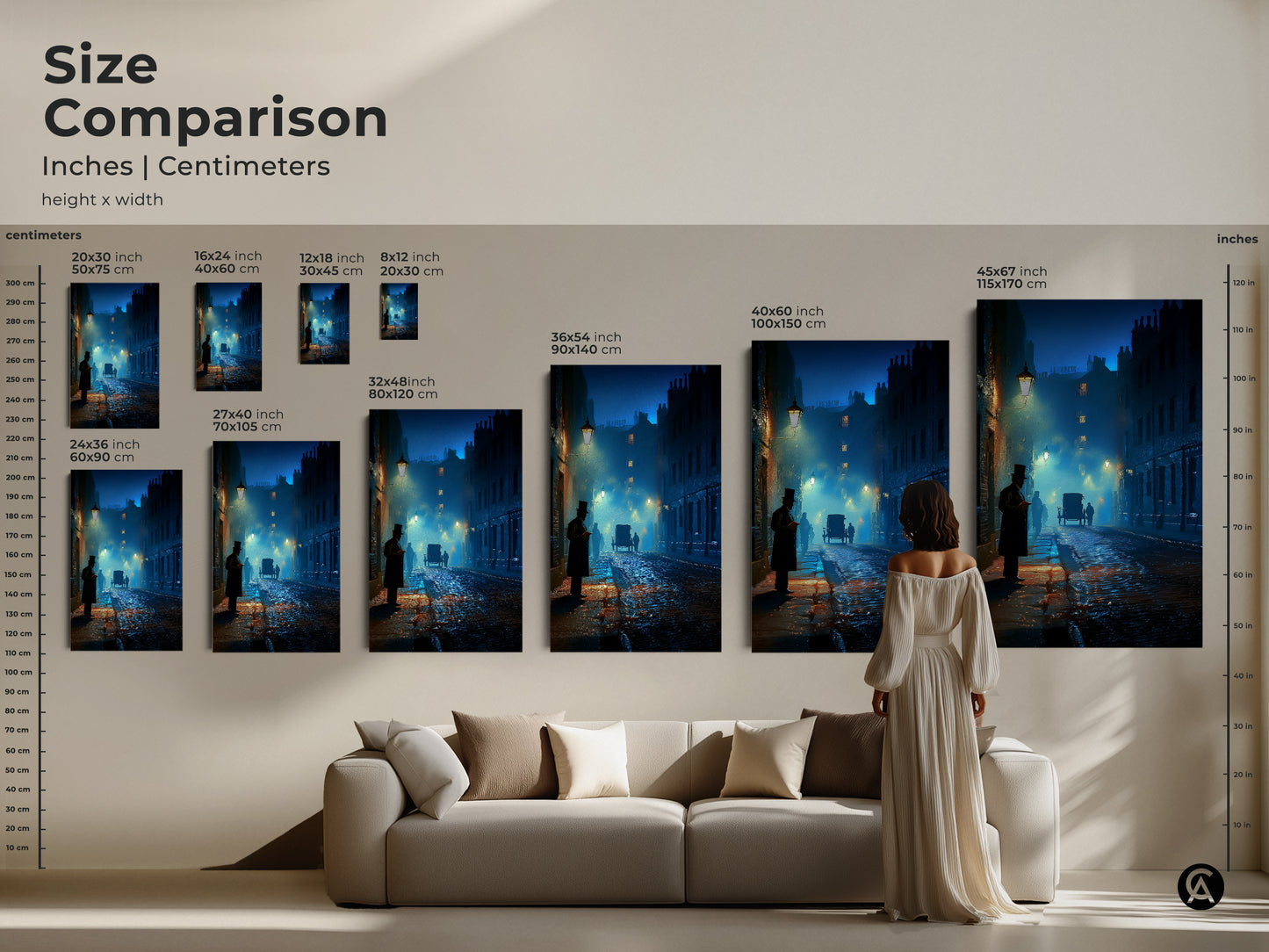 Size comparison of the Victorian street scene art. Available in various sizes to fit any room. See how the artwork looks above a couch. Perfect for adding a gothic touch to your living space or study office. Navy teal blue.