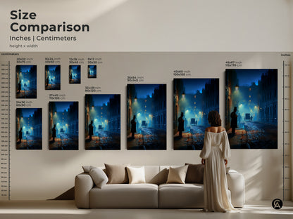 Size comparison of the Victorian street scene art. Available in various sizes to fit any room. See how the artwork looks above a couch. Perfect for adding a gothic touch to your living space or study office. Navy teal blue.