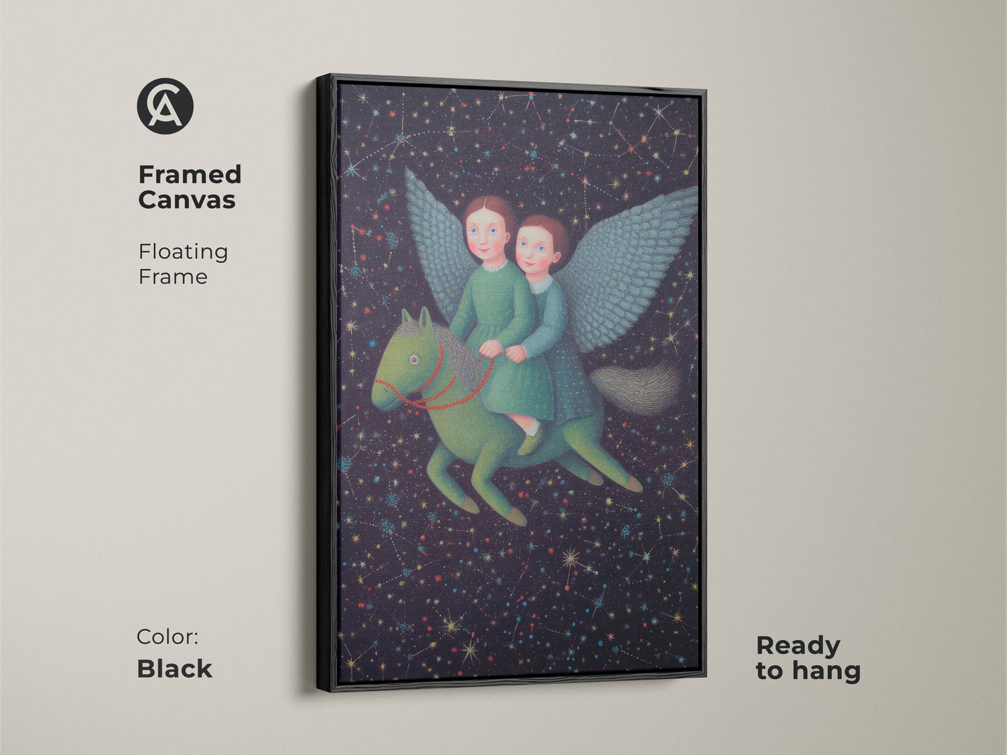 This framed canvas print shows children riding a Pegasus through a starry night sky. The floating frame is a sleek black adding a touch of sophistication. This fantasy art is ready to hang bringing magic to any kids room or nursery with this unique piece.