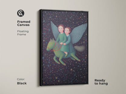 This framed canvas print shows children riding a Pegasus through a starry night sky. The floating frame is a sleek black adding a touch of sophistication. This fantasy art is ready to hang bringing magic to any kids room or nursery with this unique piece.