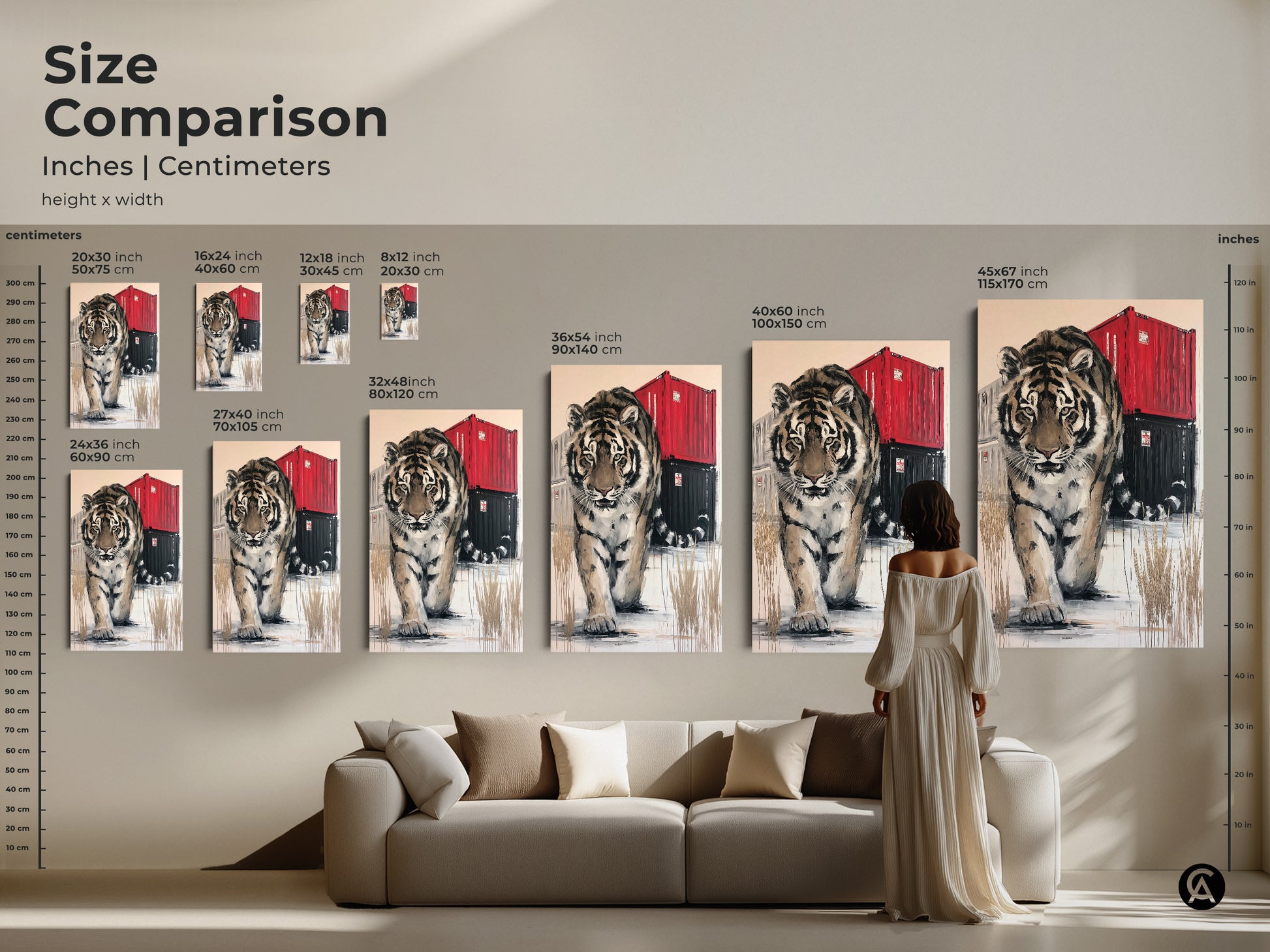 Size comparison of the Tiger canvas art print. See how different sizes enhance your living room decor. Visualize various dimensions to choose the perfect canvas for your space. Available in inches and centimeters