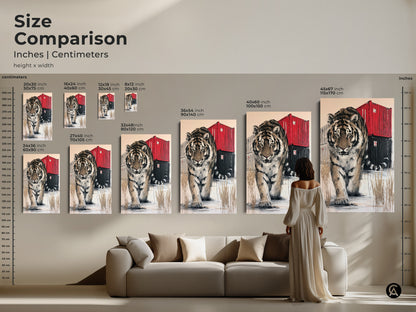 Size comparison of the Tiger canvas art print. See how different sizes enhance your living room decor. Visualize various dimensions to choose the perfect canvas for your space. Available in inches and centimeters