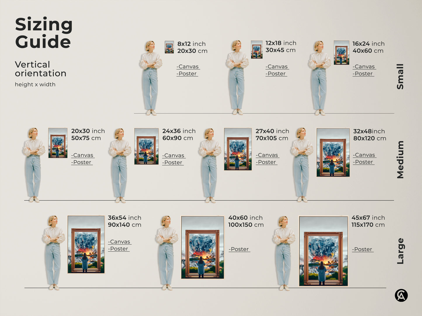 Sizing Guide for Fantasy Art Prints. Vertical orientation options include small medium and large sizes. Each canvas and poster features a surreal woman gazing into a crystal world. Find the perfect fit for eclectic bedroom decor and unique wall art.