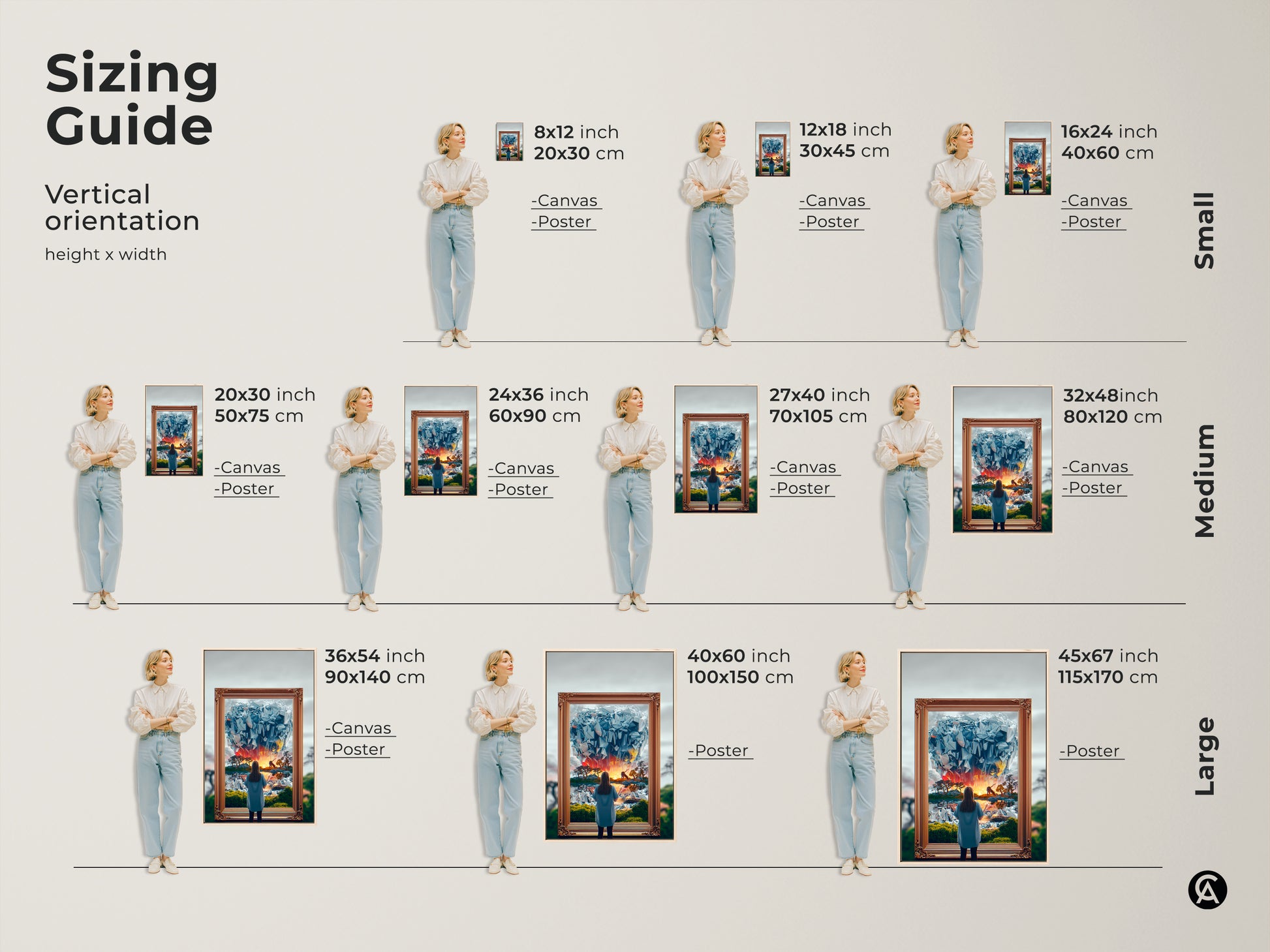 Sizing Guide for Fantasy Art Prints. Vertical orientation options include small medium and large sizes. Each canvas and poster features a surreal woman gazing into a crystal world. Find the perfect fit for eclectic bedroom decor and unique wall art.